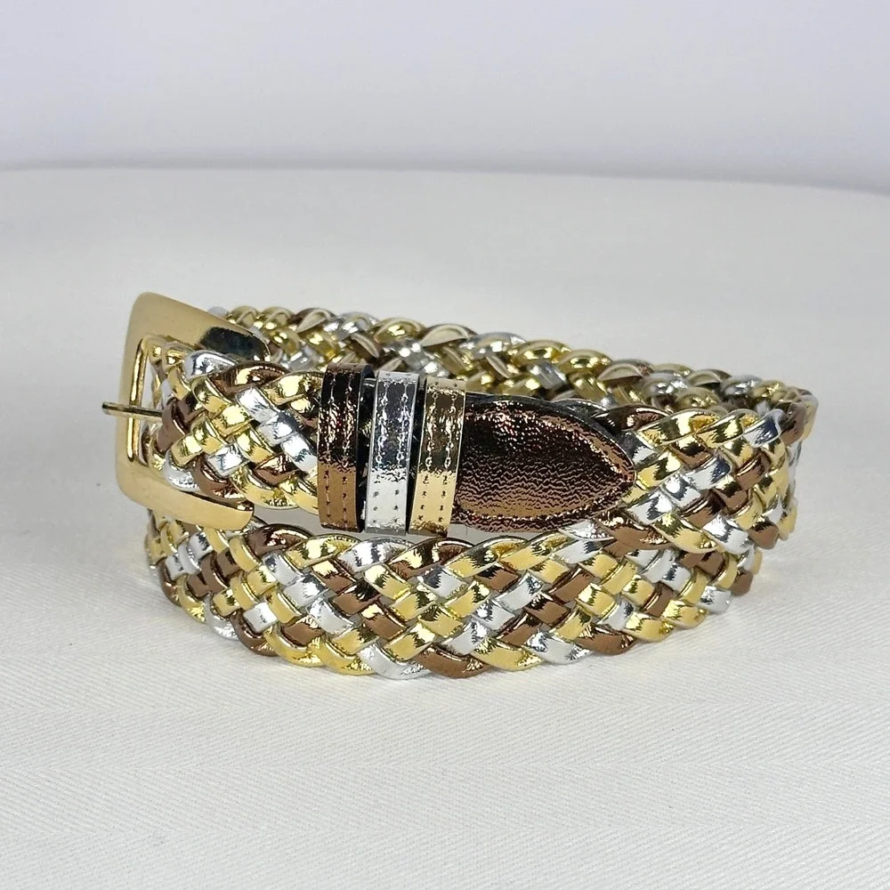 Vintage 80s Braided‎ Tri-color Mixed Metal Gold Silver Bronze Woven Belt S/M USA